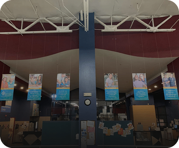 Interior with hanging informational banners